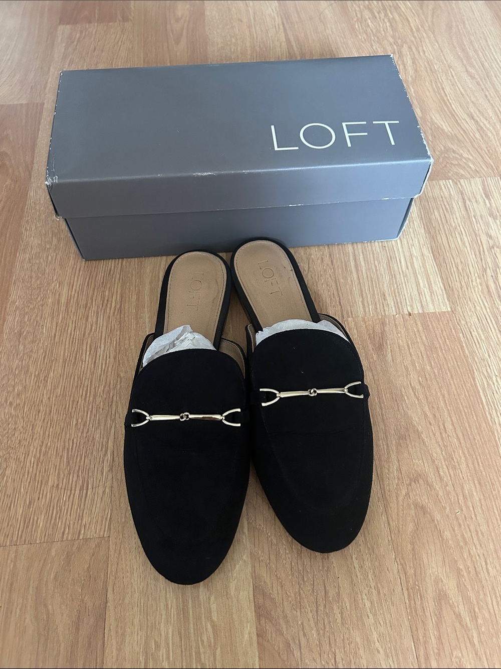 LOFT Black Suede Slip-On Loafers with Gold Bit Detail, size 9.5 with box